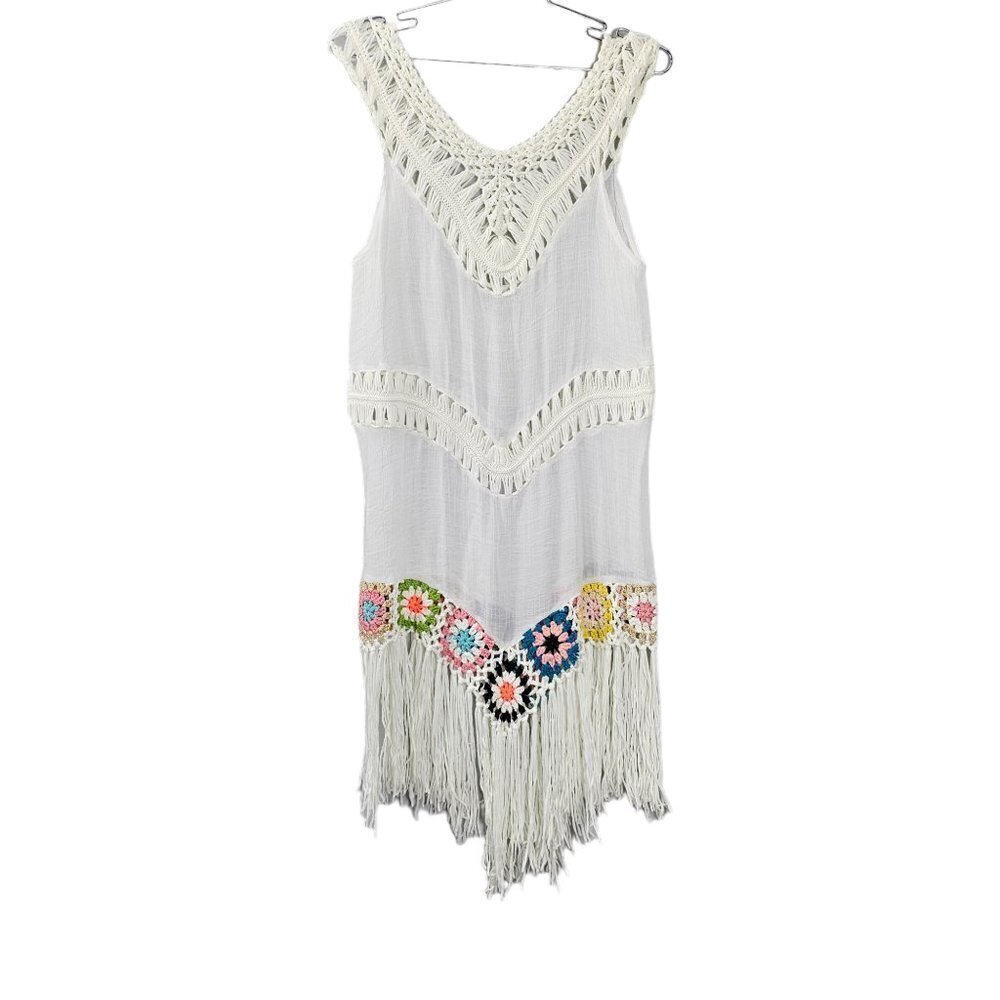 🏆049 Bohemian Crochet Fringe White Multi Sleeveless Swimsuit Coverup